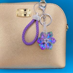 ✨Crystal Flower Sparkly Bling Keychain & Braided PU Leather Key Ring, Bag Charm